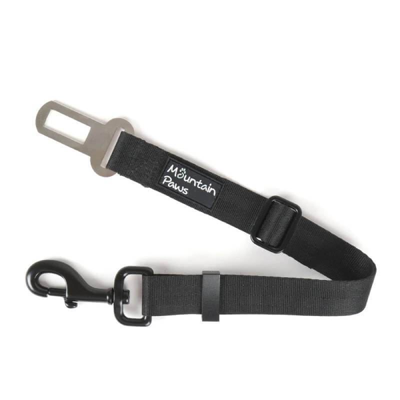 Mountain Paws Dog Seat Belt: black, adjustable, with metal clips on both ends.