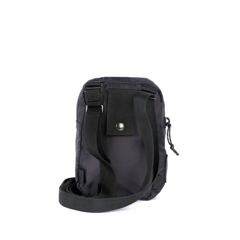 Mountain Paws Dog Snack Pack in black, back view with front strap and snap button.
