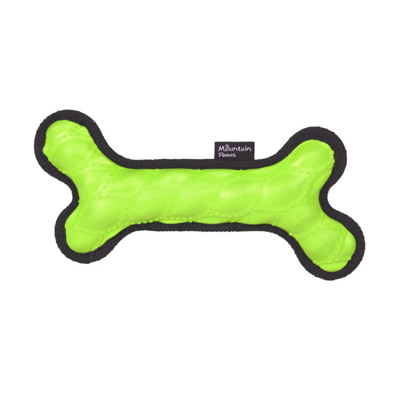 Bright green Mountain Paws Rubber Bone Dog Toy with black trim and Mountain Paws tag.