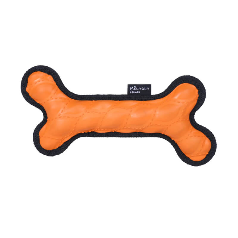Mountain Paws Rubber Bone Dog Toy: durable, non-toxic, orange bone with black edging.