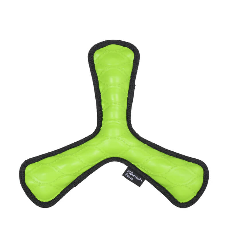 Mountain Paws Rubber Throw Dog Toy—durable green toy with black edges and three prongs.