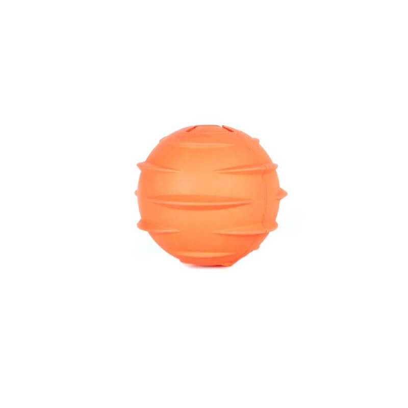 Mountain Paws Dog Wave Treat Ball Dispenser, bright orange with grooves, on white background.