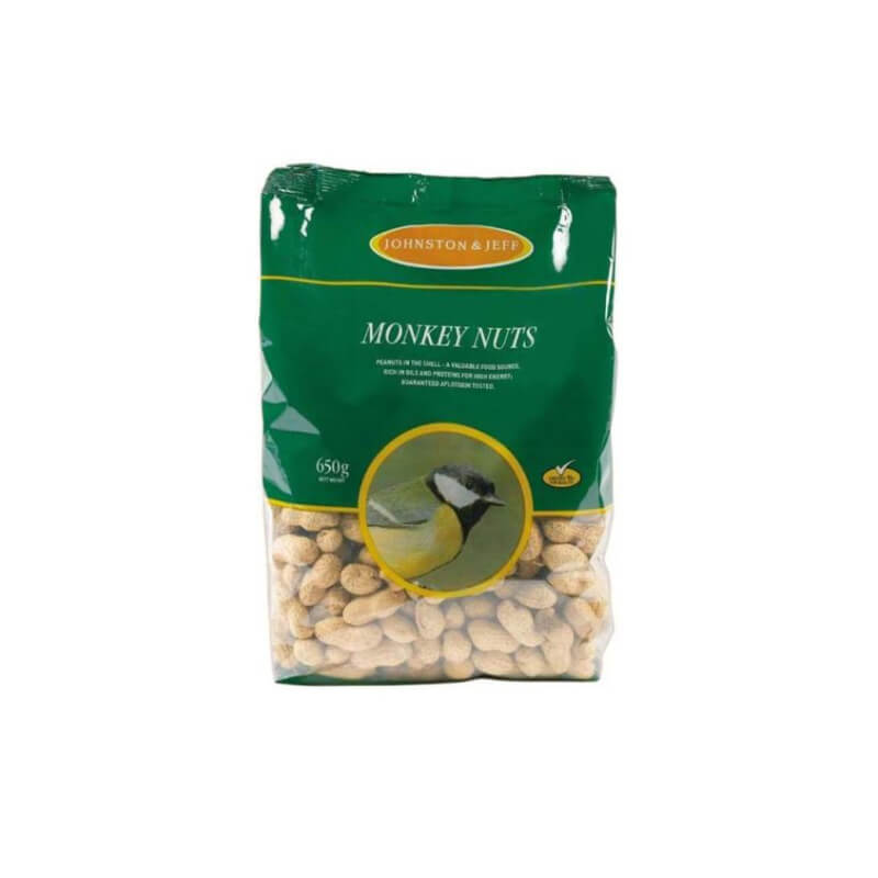 A green bag of Johnston &amp; Jeff Monkey Nuts 650g for wild birds on the front.