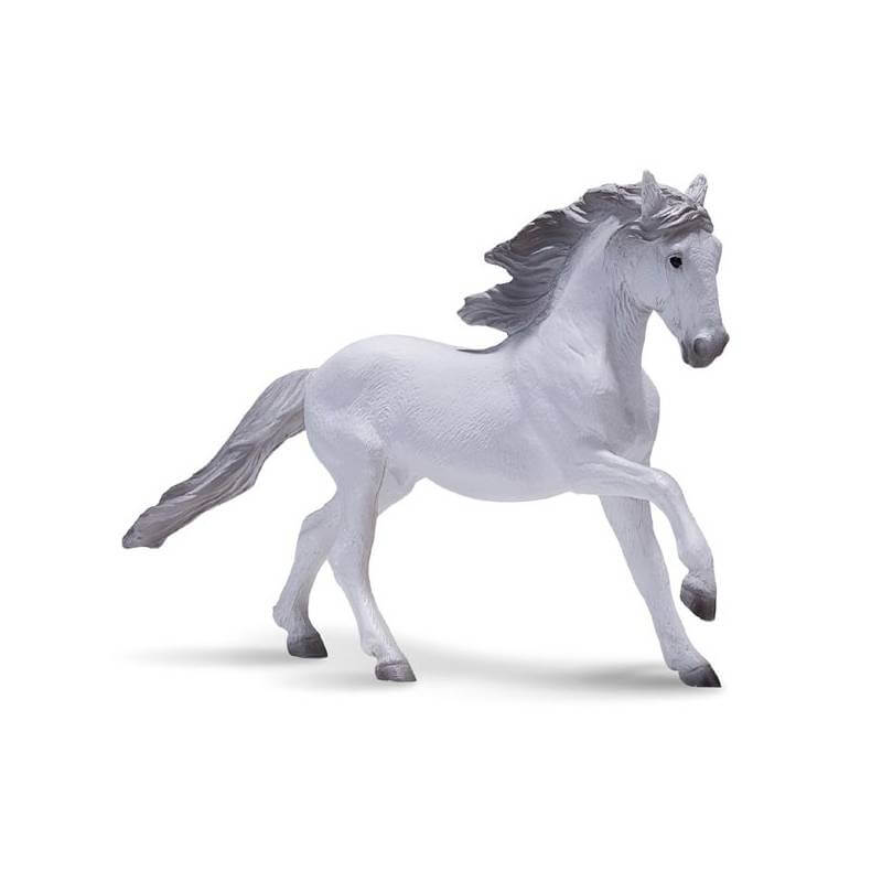 Mojo Lusitano White Toy Model Horse with gray mane and tail, posed in a trotting stance.