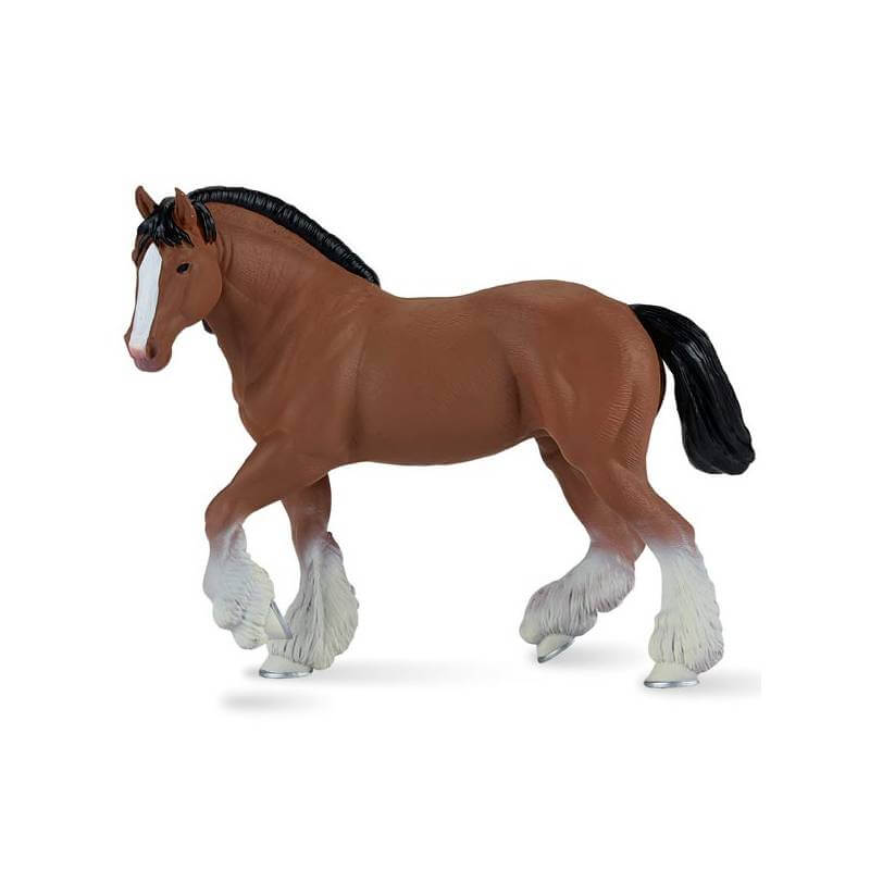 The Mojo Clydesdale Horse Brown Toy Model features white legs and a black mane walking forward.