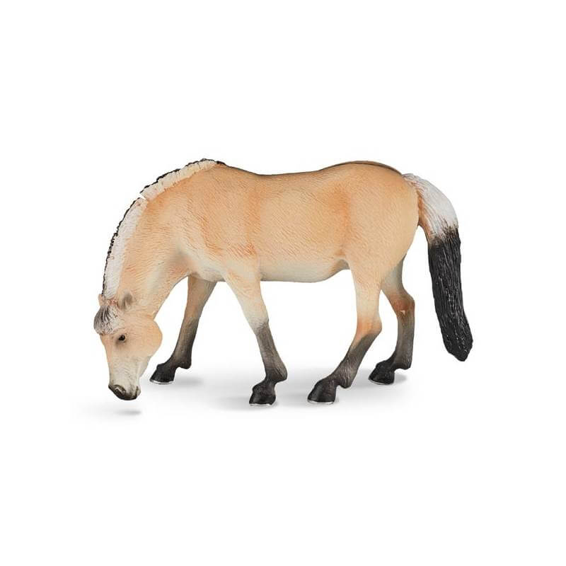 Mojo Fjord Mare Toy Model Horse, tan and white with black-and-white mane and tail, grazing.