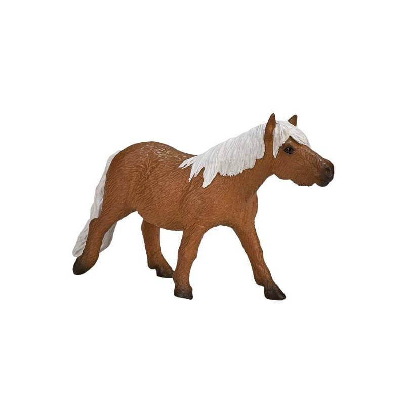 Mojo Shetland Pony Toy Model Horse with brown body, white mane and tail, standing upright.
