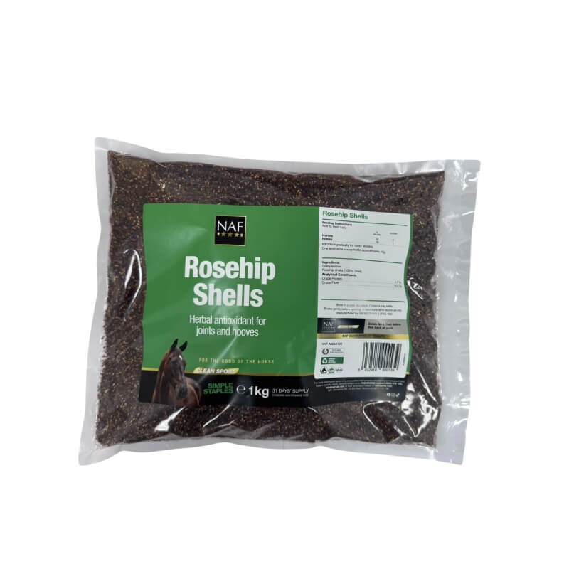 NAF Rosehip Shells 1kg—horse joint supplement in clear packaging.