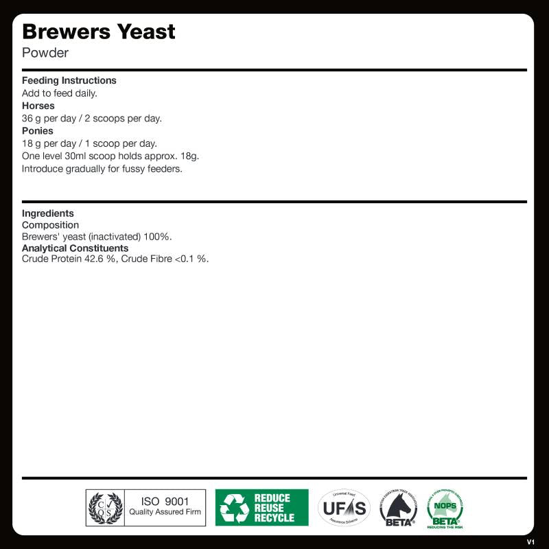 NAF Brewers Yeast 1kg aids digestion in horses; feeding guide and certifications included.