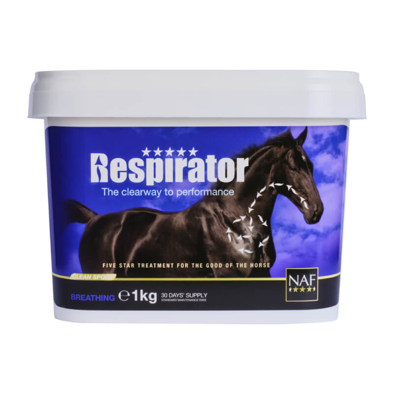 A white 1kg NAF Respirator tub for horses, shown with head and neck arrows.