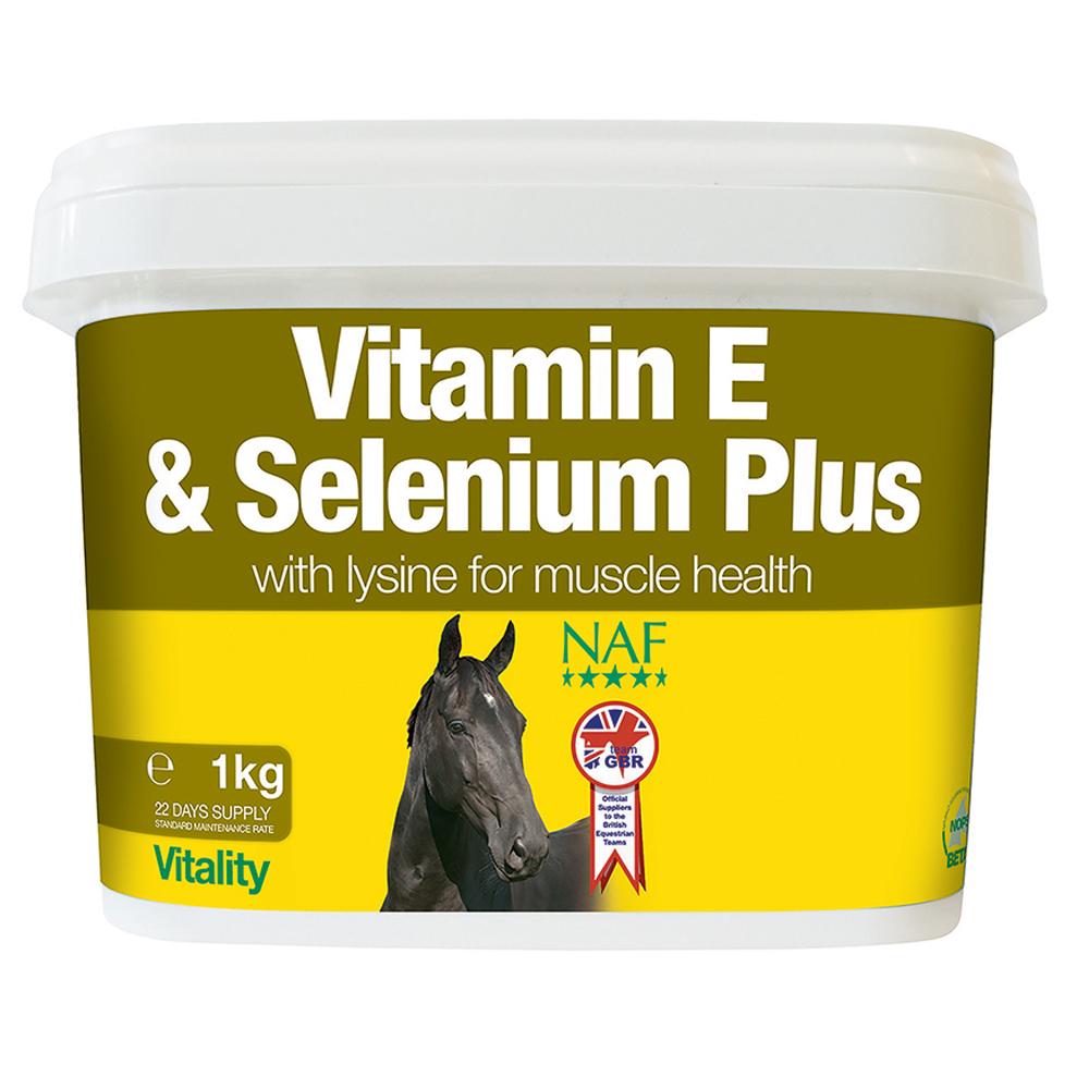 NAF Vitamin E Selenium &amp; Lysine 1kg by NAF, a supplement for horses with a black horse image.