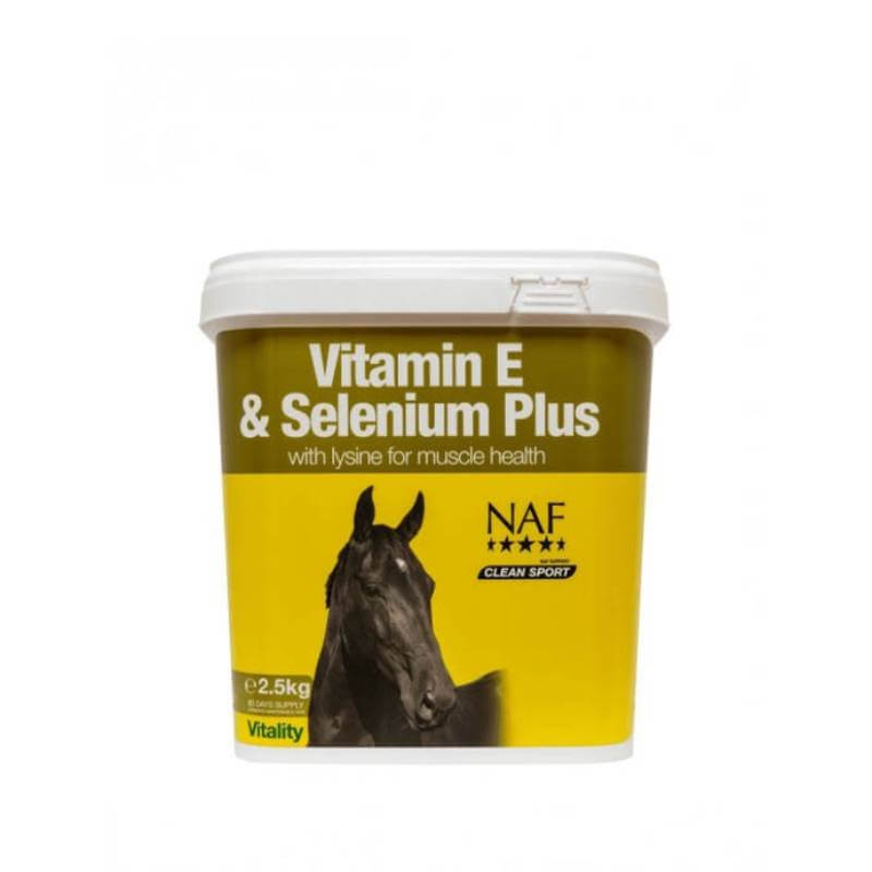 NAF Vitamin E Selenium &amp; Lysine 2.5kg horse muscle support supplement in a yellow tub.
