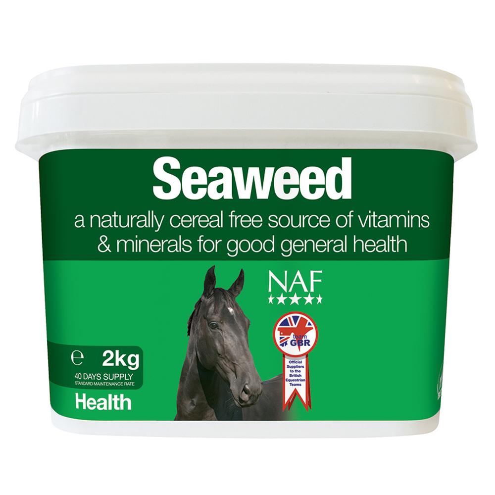 NAF Seaweed horse supplement, 2kg green tub, features black horse image on front.