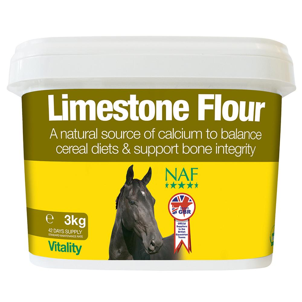 A 3kg tub of NAF Limestone Flour, a calcium supplement for bone growth, with details on front.