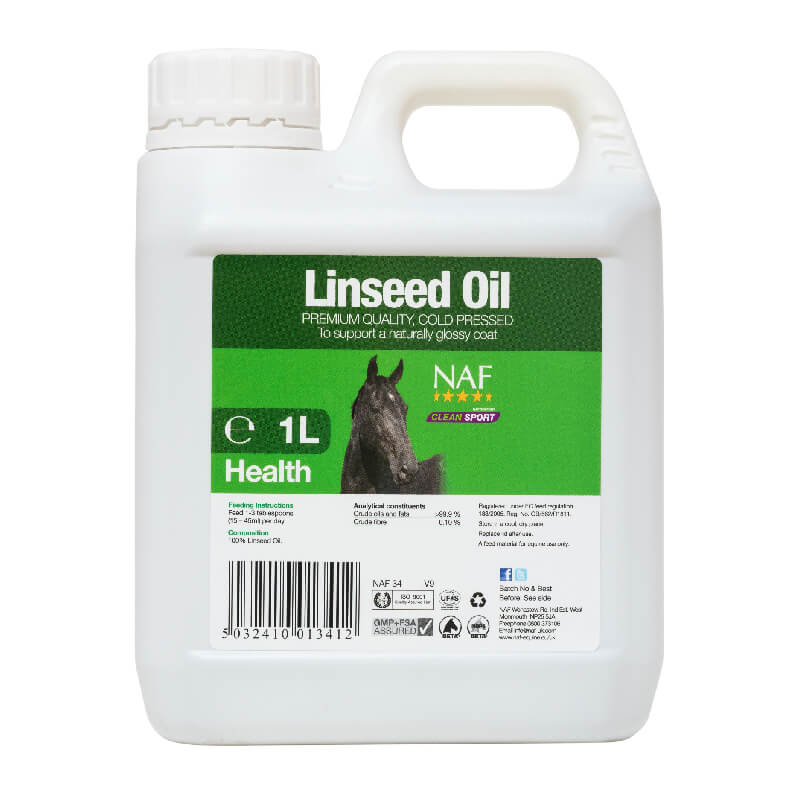 NAF Linseed Oil 1L with omega 3 for a shiny coat, in a green-label bottle.