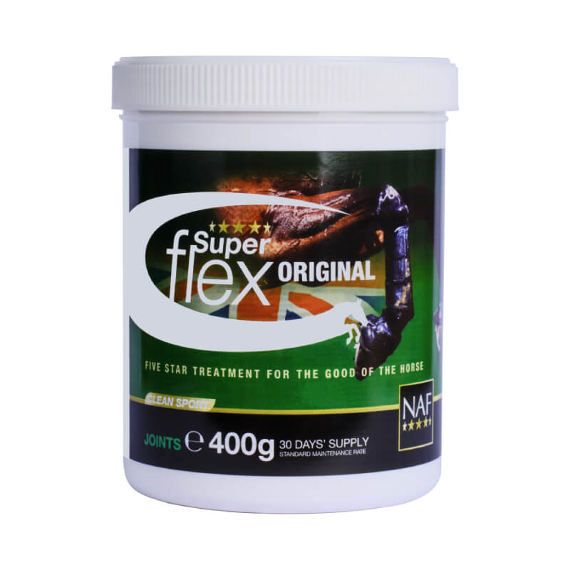 A white 400g tub of NAF Five Star Superflex Joint Supplement with a green label.