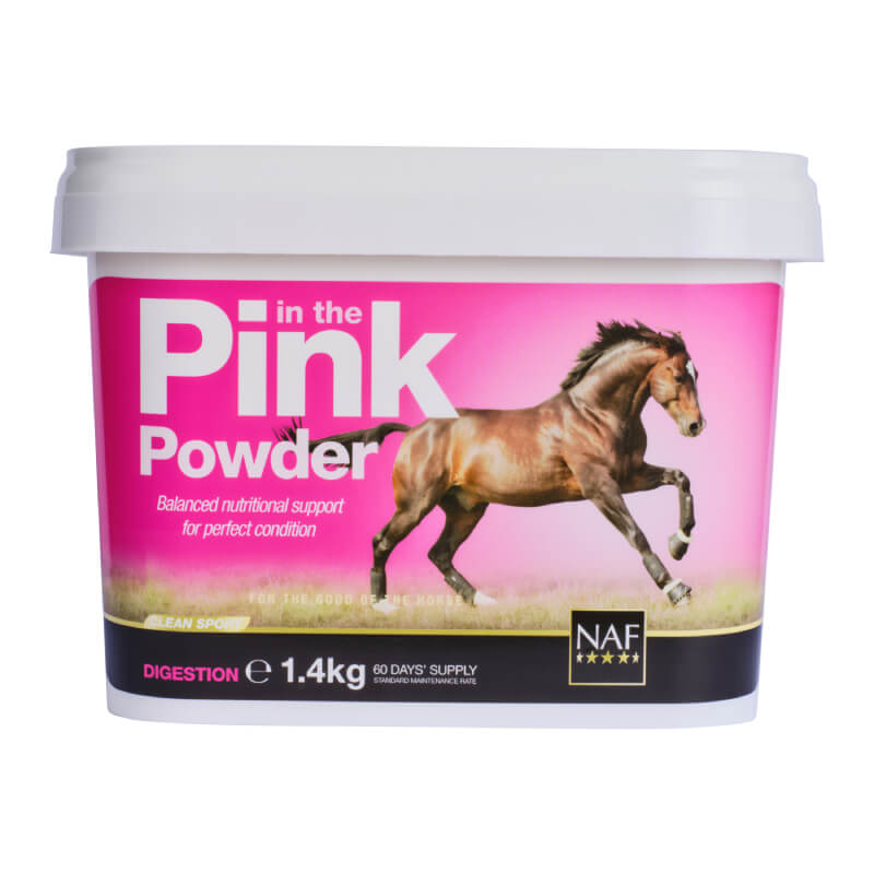 A tub of NAF In The Pink Powder horse supplement with a galloping horse on a pink label.