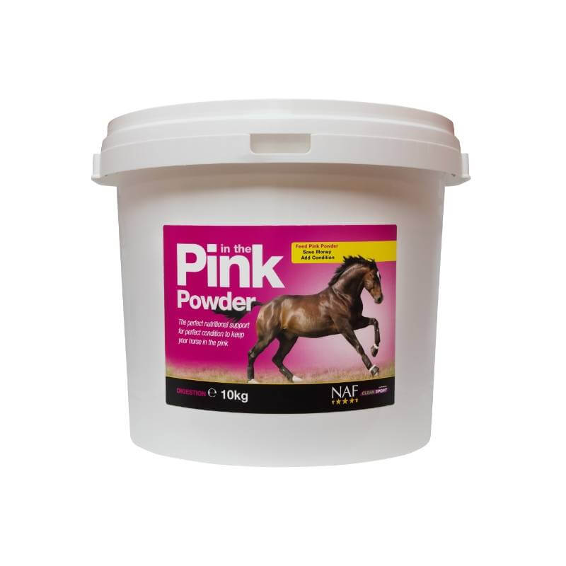 NAF In The Pink Powder horse supplement by NAF in a white tub with running horse on the label.