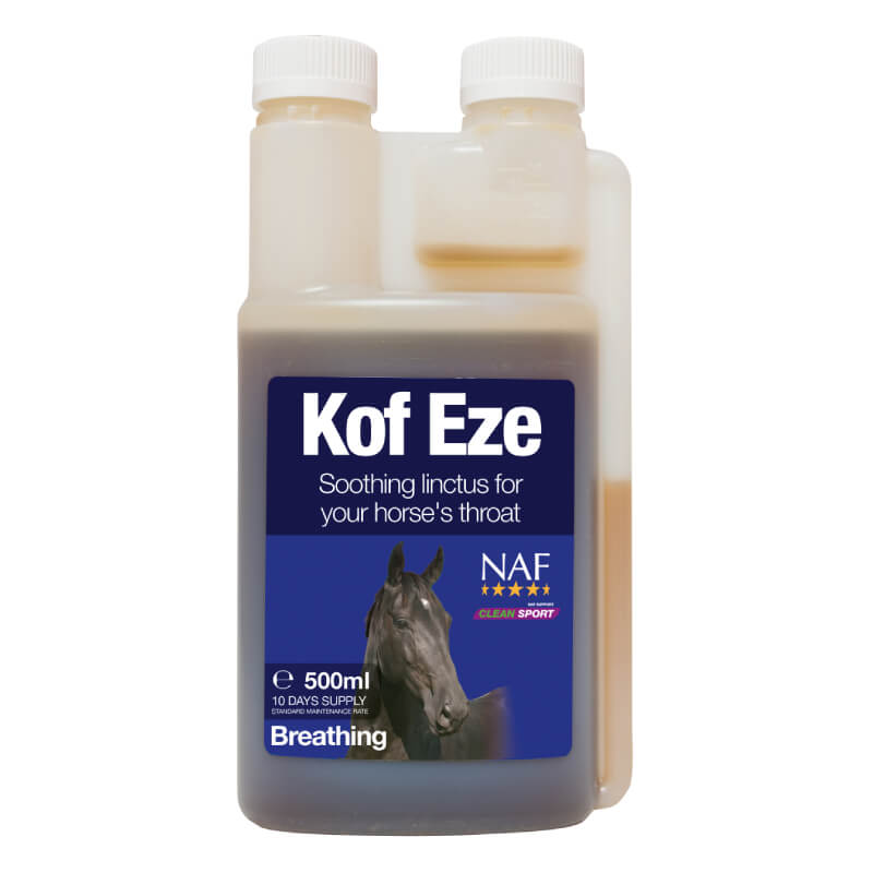 NAF Kof-Eze 500ml bottle with dosage markings for horses as a breathing supplement.
