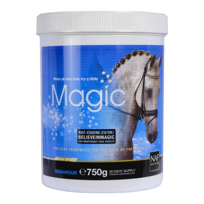 NAF Magic Powder in a white tub, horse calming supplement, blue background, product details visible.