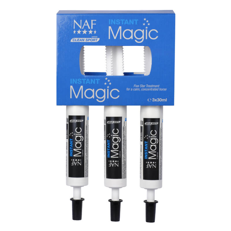 Three NAF Instant Magic 3X30ml syringes, a short-term horse calmer in blue packaging.