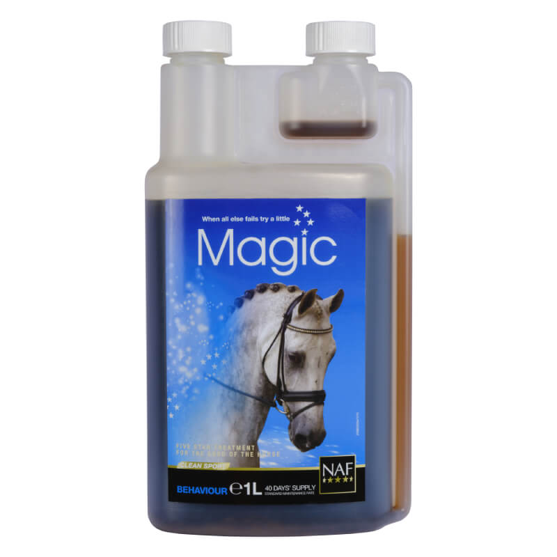 Bottle of NAF Liquid Magic horse calming supplement by NAF with magnesium on the label.