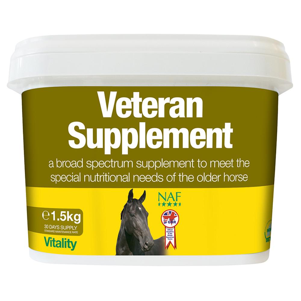 NAF Veteran Supplement 1.5kg with MSM and probiotics for older horses' nutritional needs.
