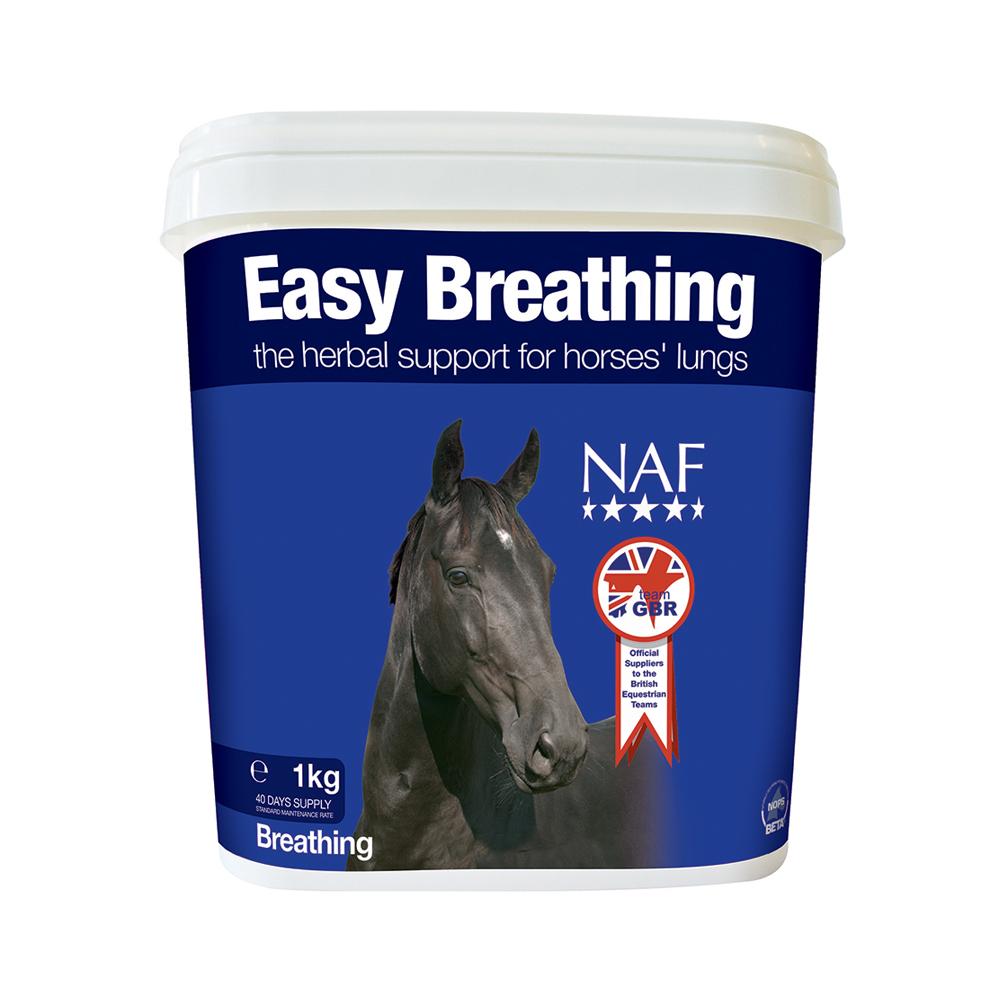 NAF Easy Breathing 1kg: Supports horses' respiratory health. Blue UK-flagged container.