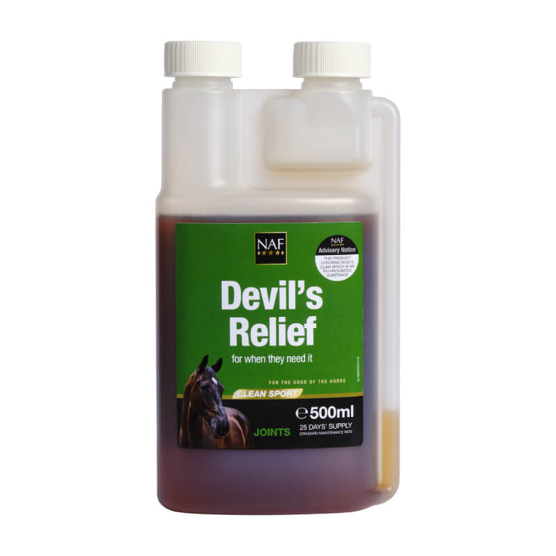 NAF Devils Relief 500ml joint supplement for horses, green label.