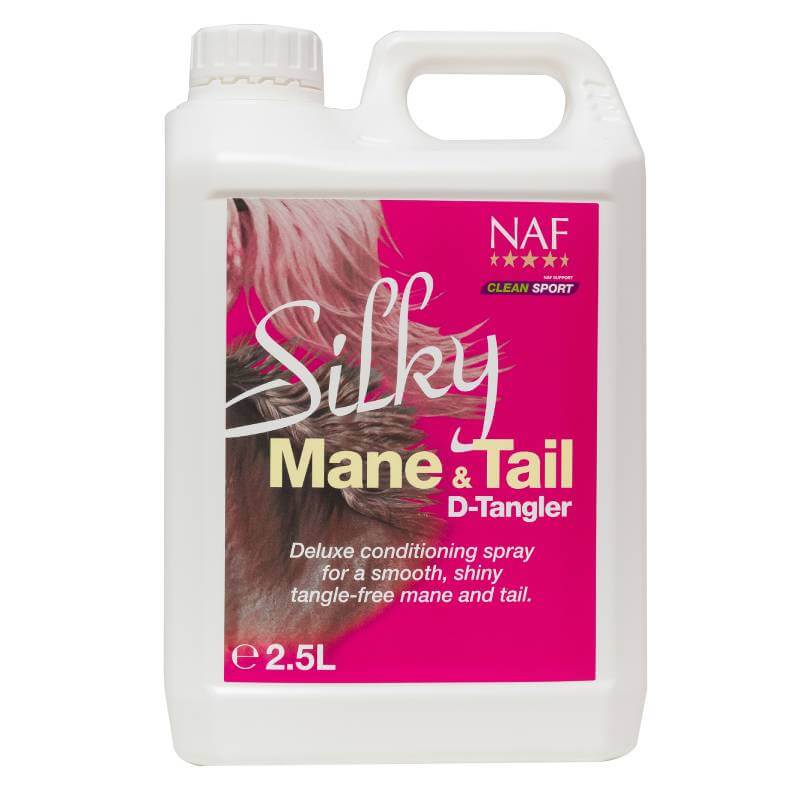 NAF Silky Mane &amp; Tail D-Tangle 2.5ltr for tangle-free hair in a white bottle with pink label.