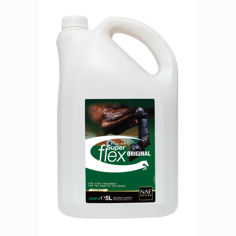 5L white container of NAF Superflex Liquid joint supplement for horses with Glucosamine.