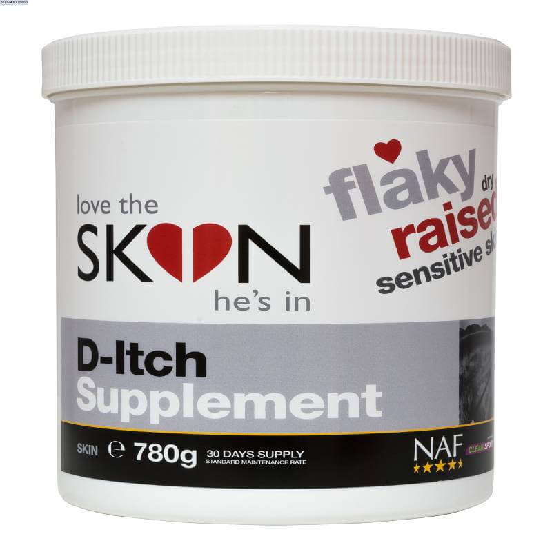 NAF D-Itch 780g supports relief for horses with sensitive, dry, and itchy skin.