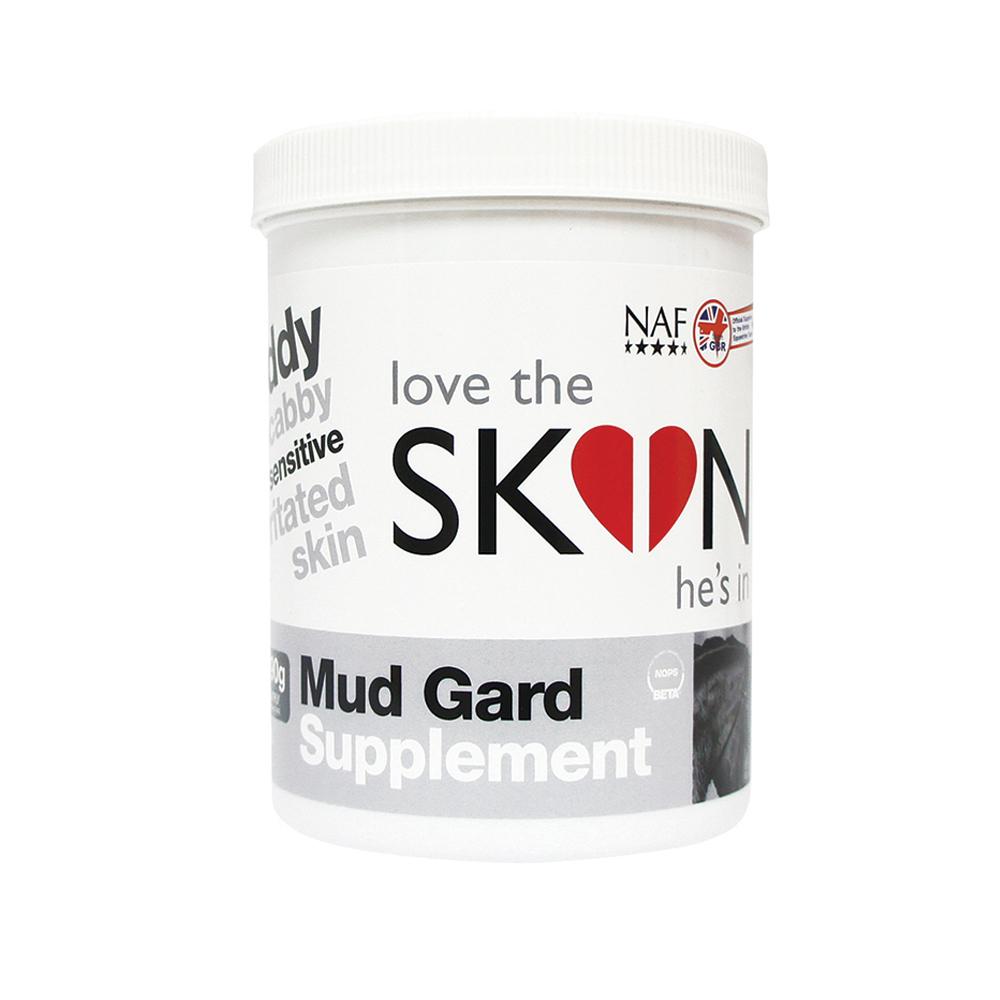 NAF Love The Skin He's In Mud Gard Supplement 690g for horse skin support in white tub.