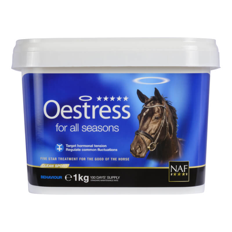 NAF Oestress tub for hormone balance, label features a horse on a blue background.