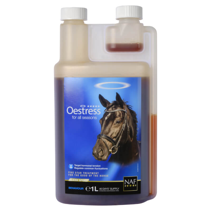 NAF Oestress Liquid—brown bottle for hormone balance and calmness in mares.