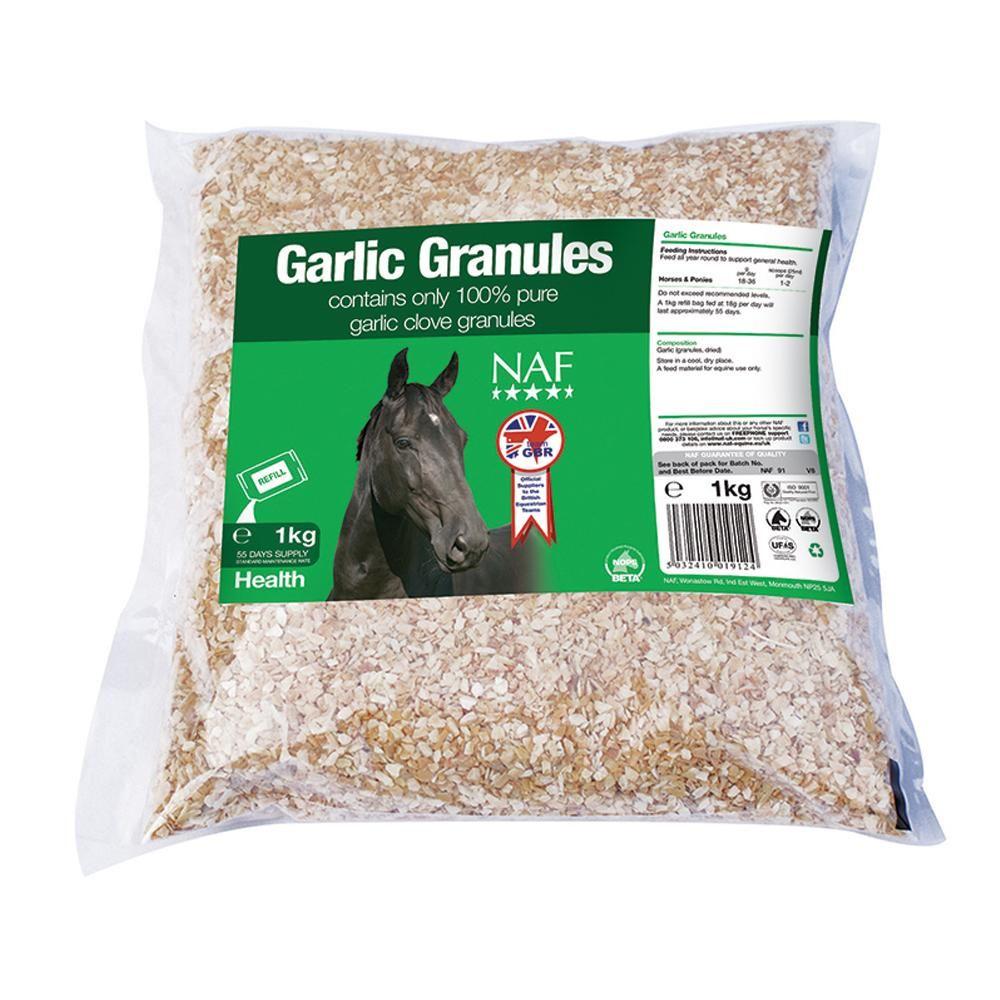 A 1kg NAF Garlic Granules Refill for horses, with NAF branding on the label.