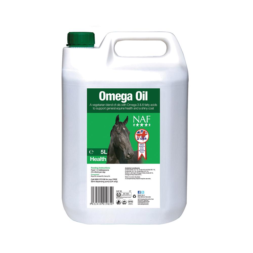NAF Omega Oil 5L—green label; ideal for slow-release energy in horse diets.