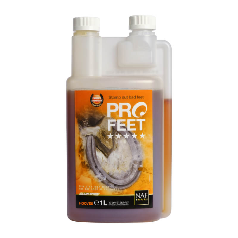 A bottle of NAF Pro Feet Liquid for horses with cracked hooves and a horseshoe label.