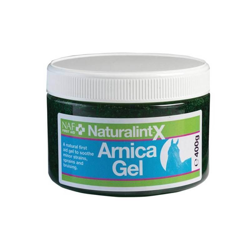 NAF Arnica Gel 400g: Soothes strains and bruising, in a jar with white lid and green-blue label.