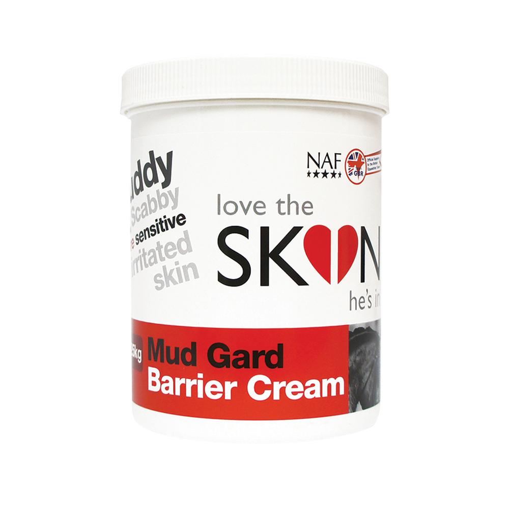 White tub labeled NAF Love The Skin He’s In Mud Gard Barrier Cream for horse skin protection.