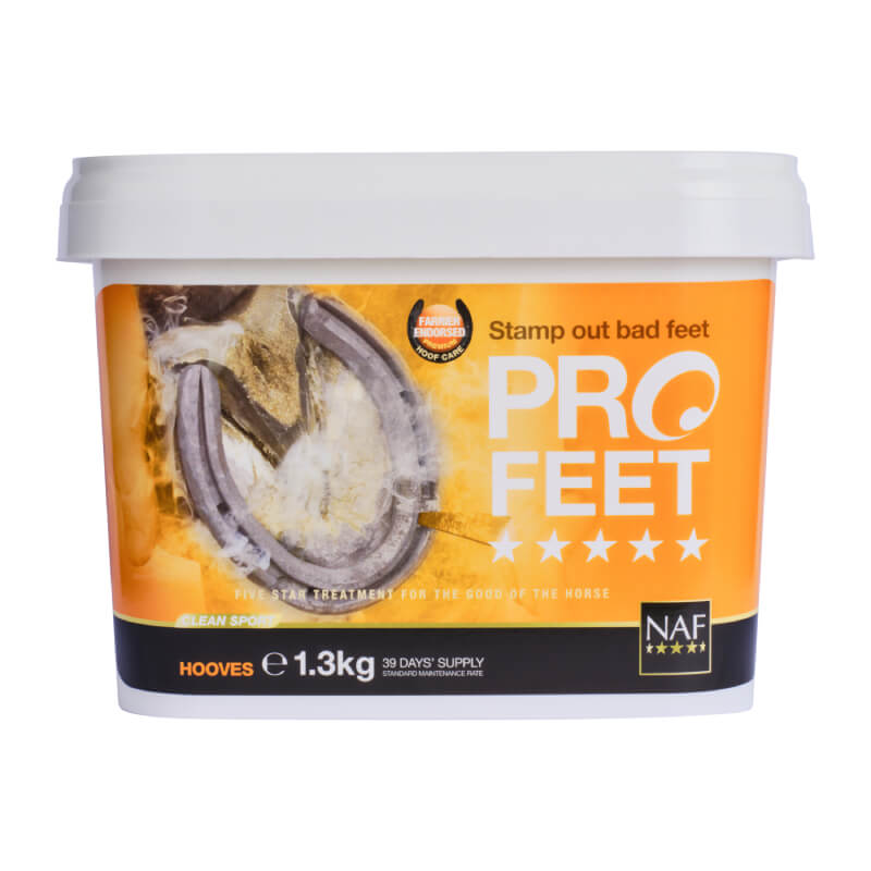 White tub of NAF Pro Feet Powder hoof supplement for horses with orange label for hoof health.