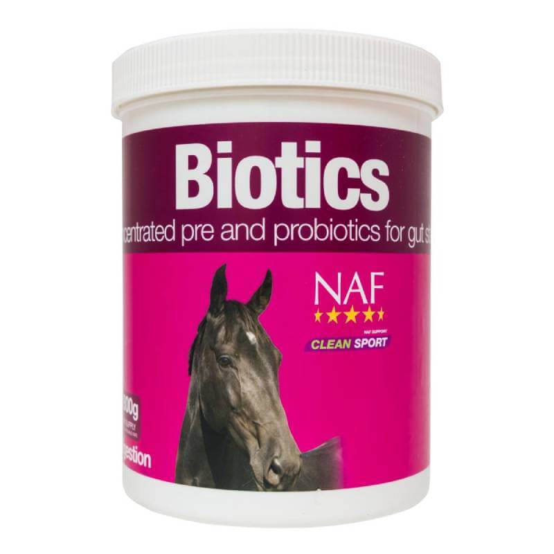 NAF Biotics 800g white tub for horse gut health on a pink background.