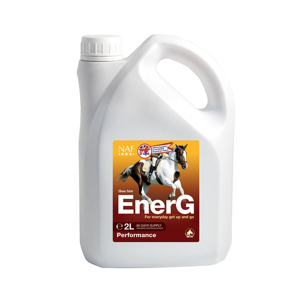 NAF EnerG 2L equine energy supplement in a white bottle with a horse on the label.