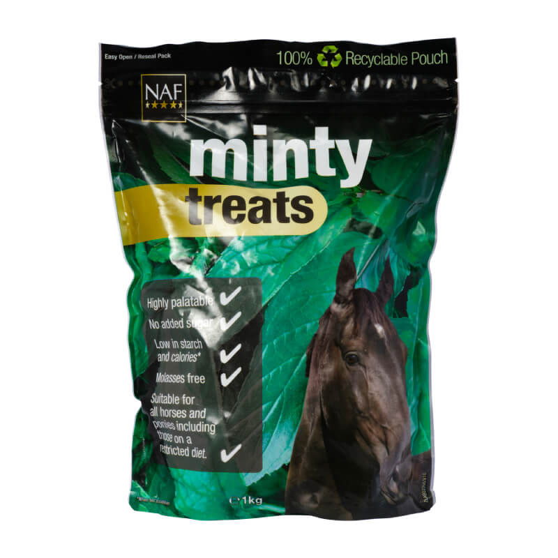 NAF Minty Treats 1kg for horses shown with a green leafy background.