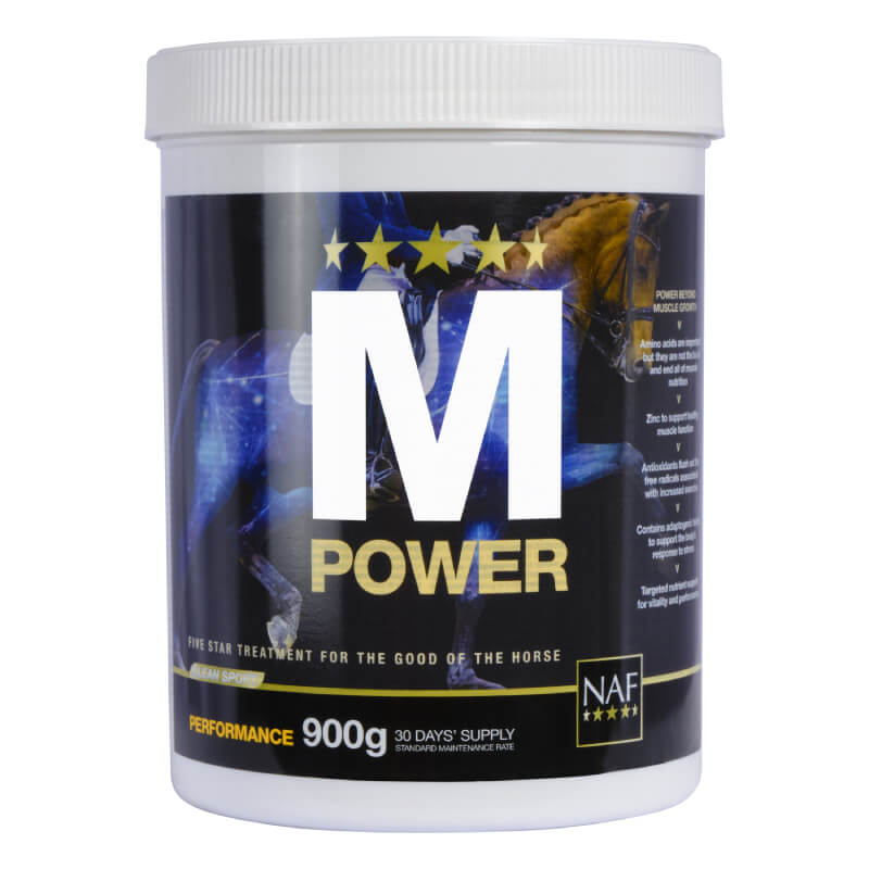 NAF M Power 900g horse supplement in a white tub, branded for fitness and stamina.