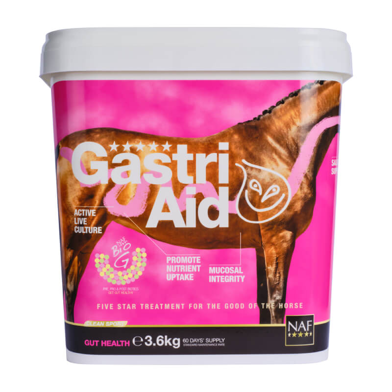 A white tub of NAF Gastriaid 3.6kg with a bright pink label for gastric health.