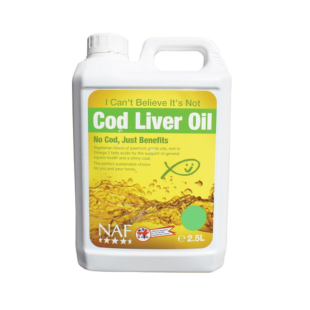 White 2.5L NAF I Can't Believe It's Not Cod Liver Oil with green/yellow text and omega 6 info.