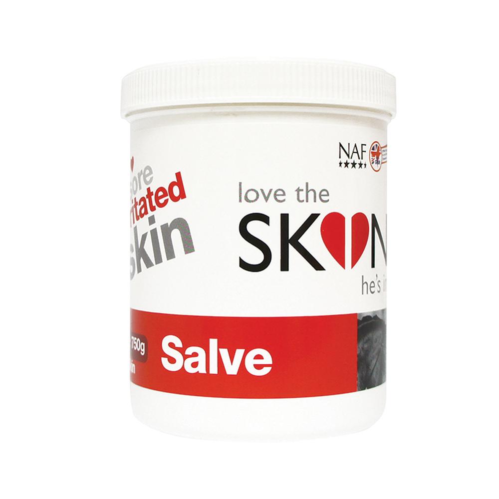 NAF Love The Skin He's In Skin Salve—itchy skin relief in a white container with red heart.