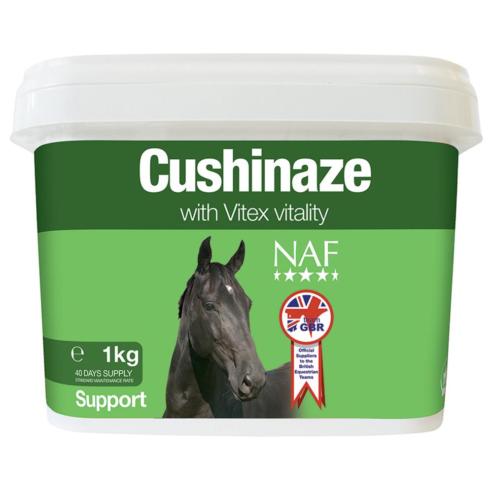 NAF Cushinaze 1kg horse supplement for pituitary support in a green tub.