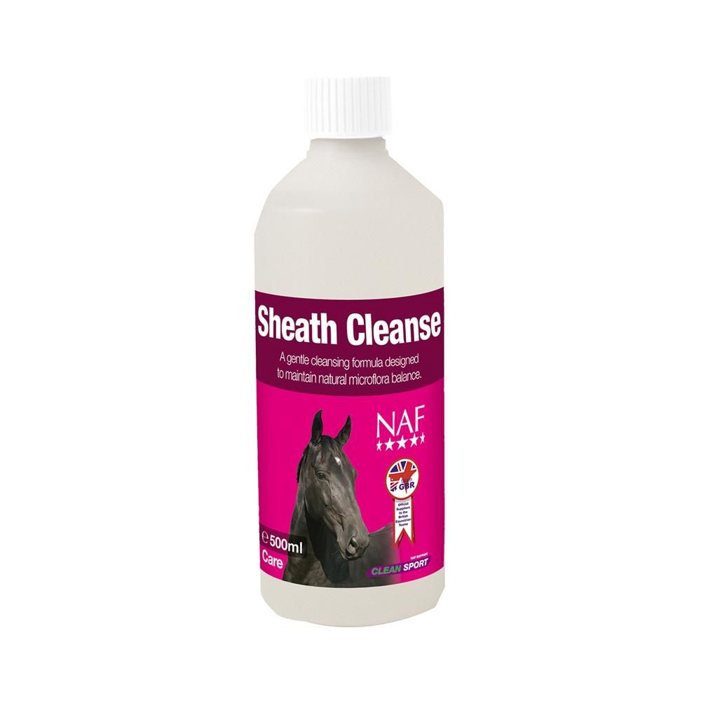 NAF Sheath Cleanse 500ml—white bottle with pink label and horse, contains lanolin and castor oil.